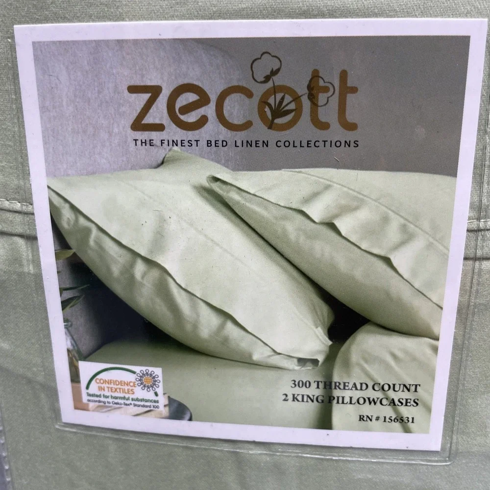2 King Pillowcases 300‎ Thread Count Sateen Green Pillowcase Set NOS